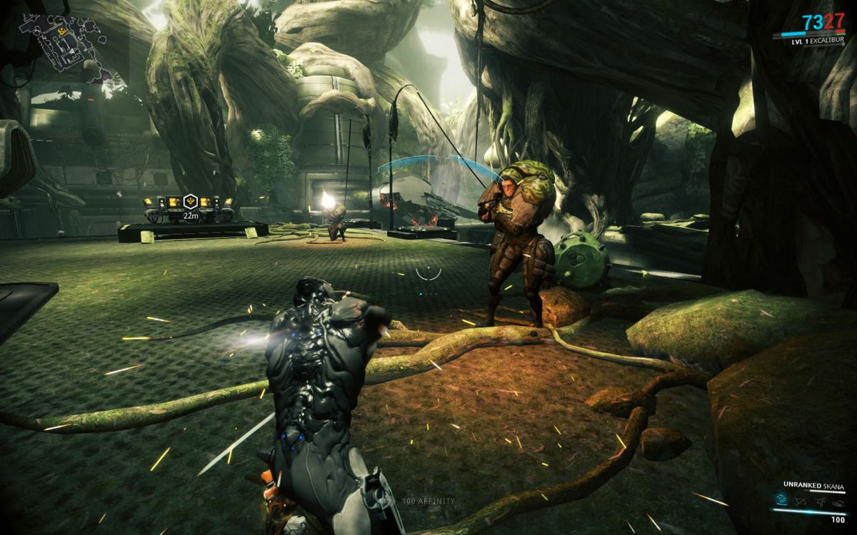 Warframe (Windows) screenshot: Blocking fire using the sword.