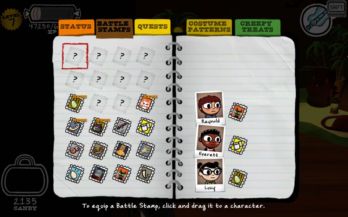 Costume Quest (Windows) screenshot: Overview of the collected battle stamps. You assign them to the characters on the right.