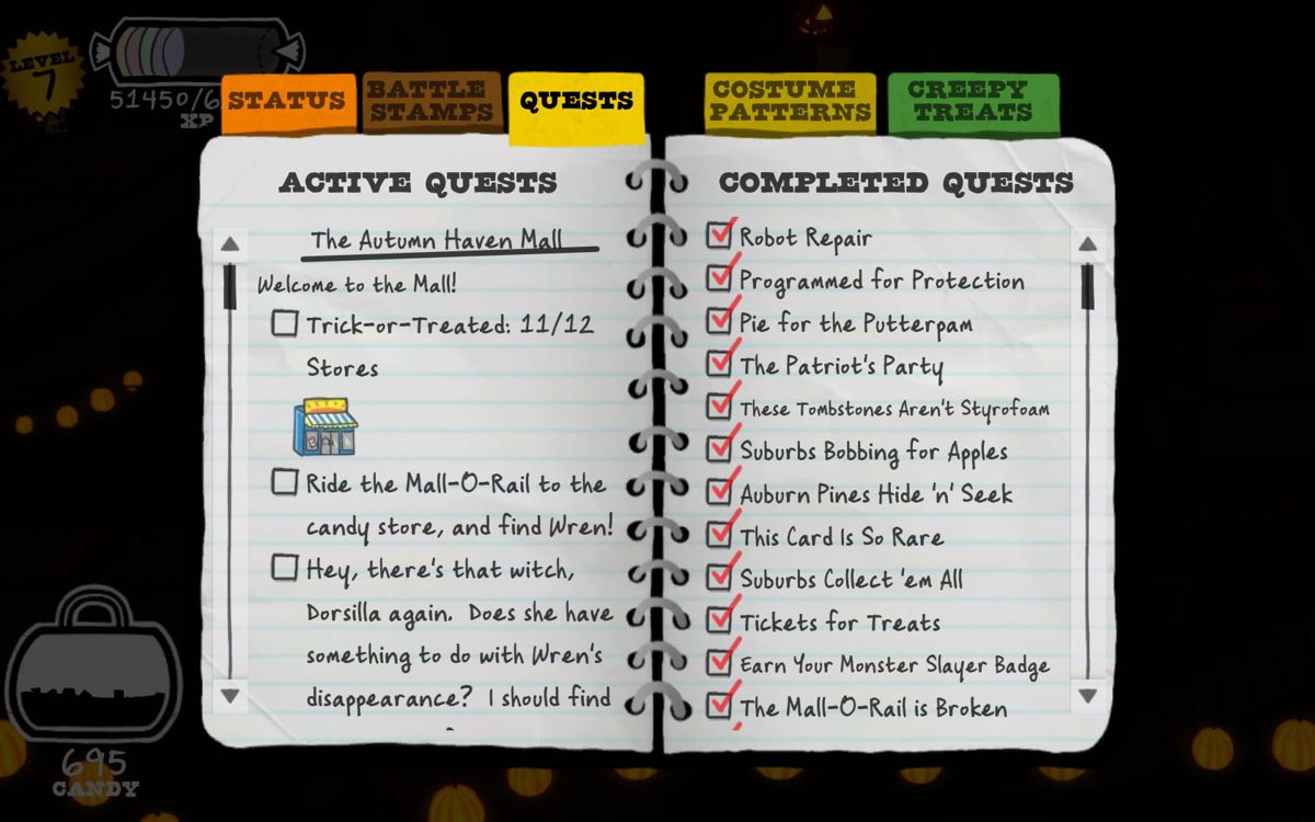 Costume Quest (Windows) screenshot: Quest log