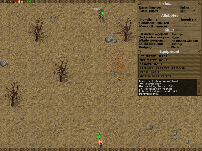 Battles of Norghan (Windows) screenshot: A desert map has less options for tactical maneuvering than a map with a river. Here a minotaur can easily advance to the elven archer. (demo version)