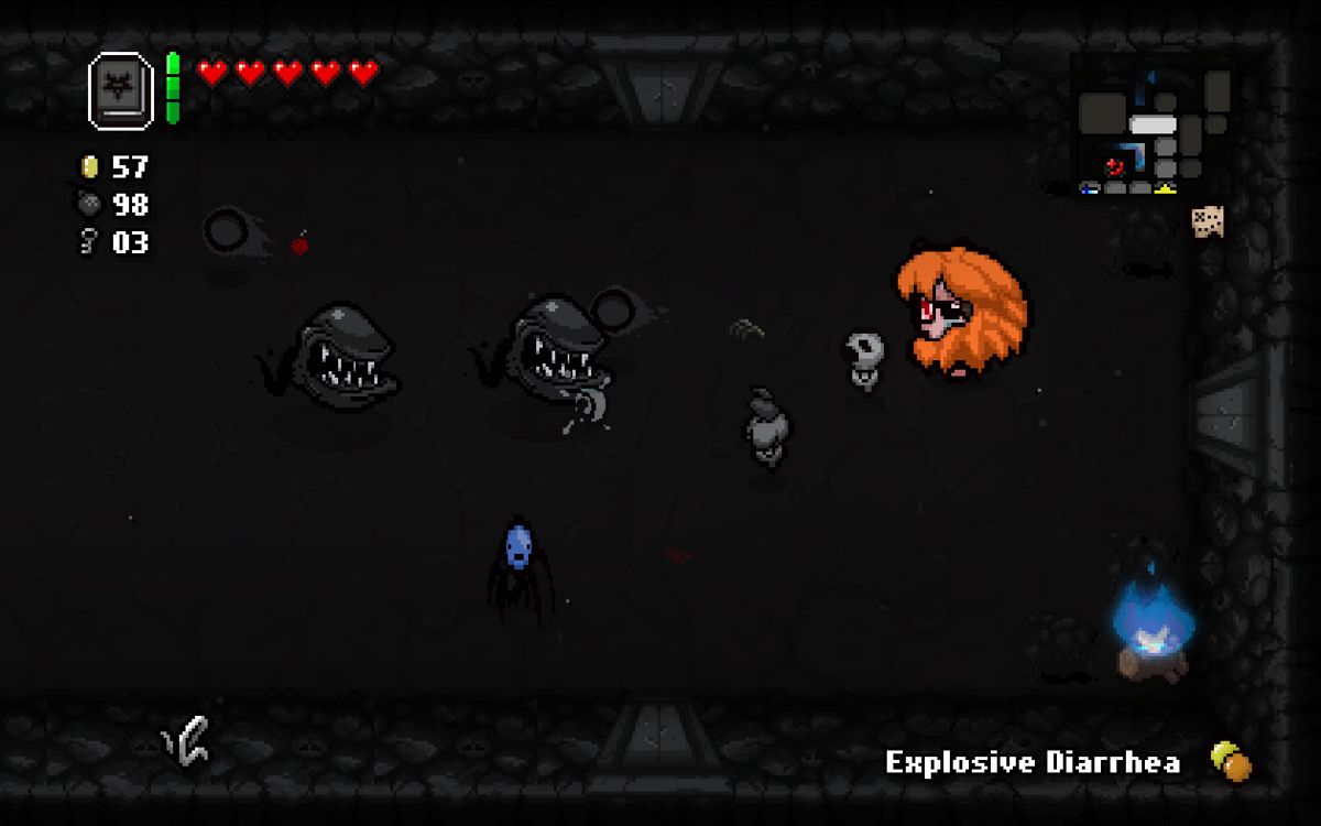 The Binding of Isaac: Rebirth (Windows) screenshot: Samson already is a hairy character, but after picking up the stomp ability he becomes a mass of orange hair. Here he is fighting in Sheol with many familiars.