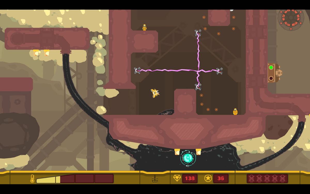 PixelJunk Shooter (Windows) screenshot: Two survivors, but some beams are in the way.
