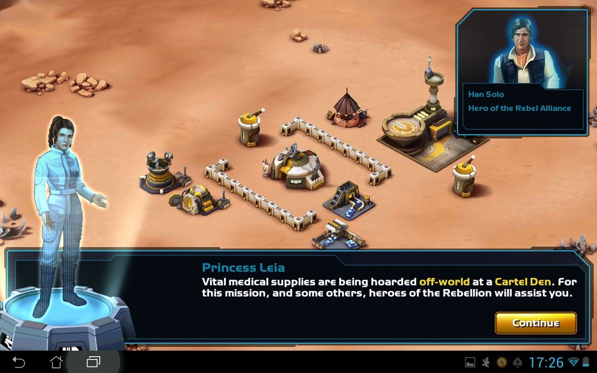 Star Wars: Commander (Android) screenshot: Before long, you'll be receiving the attention of both the empires and rebels familiar heroes and villains.