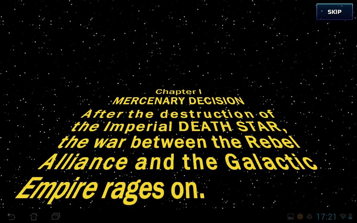 Star Wars: Commander (Android) screenshot: The opening of the games story in traditional style.