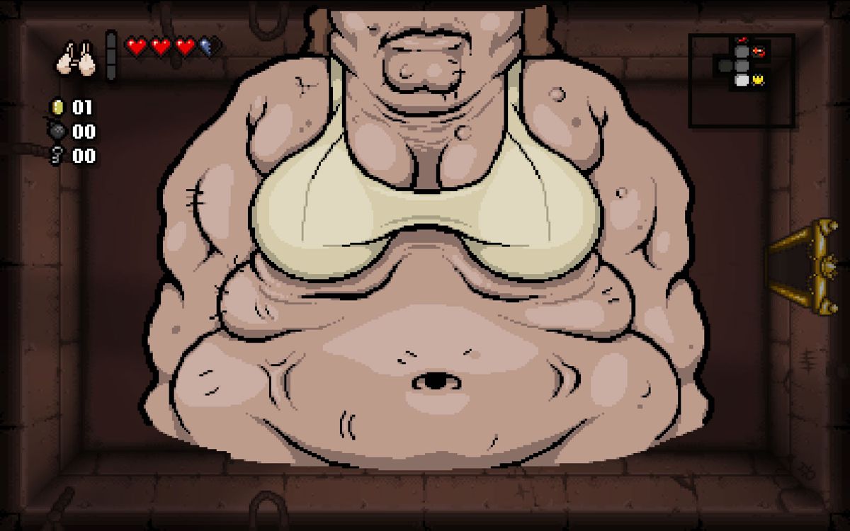 The Binding of Isaac: Rebirth (Windows) screenshot: Spread mass fear with mom's bra on your head.