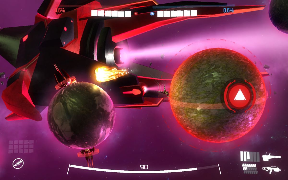 Orbital Gear (Windows) screenshot: Entering the enemy's part of the map in a game of Orbital Warfare.