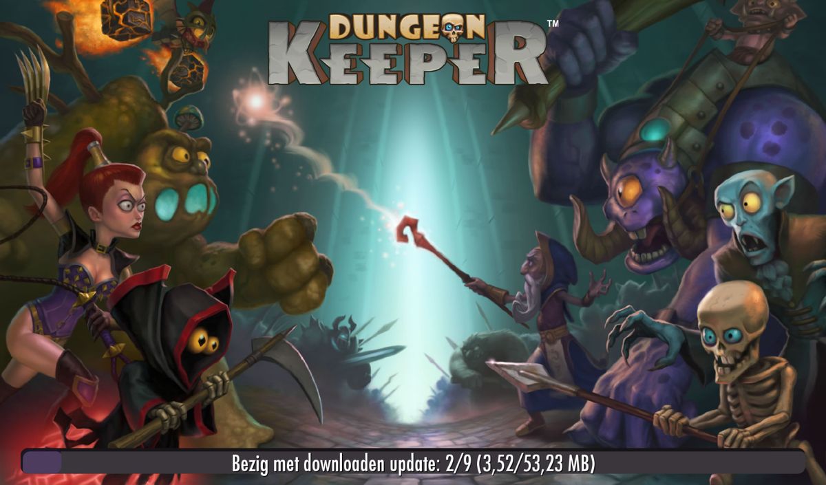 Dungeon Keeper (Android) screenshot: Loading screen while the updates are downloaded (Dutch version).