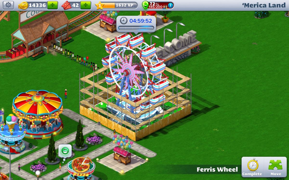 RollerCoaster Tycoon 4 Mobile (Android) screenshot: The ferris wheel is being upgraded.