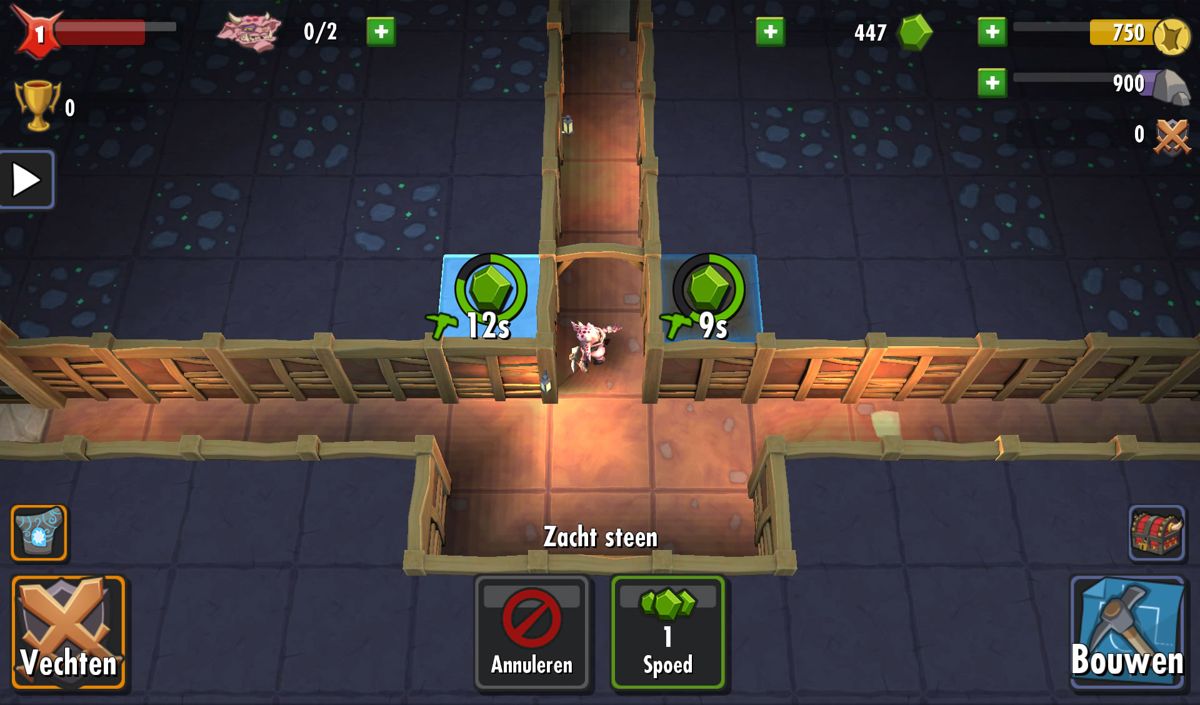 Dungeon Keeper (Android) screenshot: My imps are digging to create some new spaces. Optionally gems can be used to speed up the process (Dutch version).