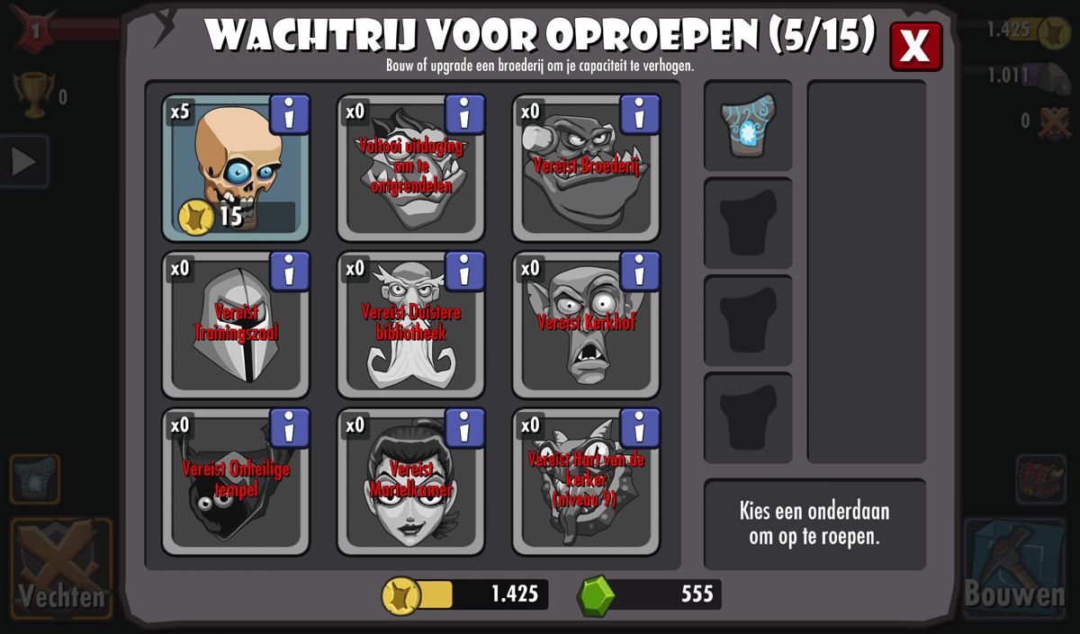 Dungeon Keeper (Android) screenshot: Units and the queue (Dutch version)