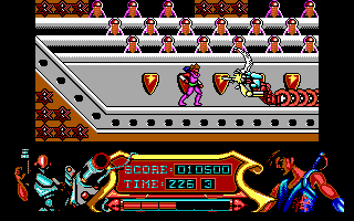 Strider (DOS) screenshot: End of level boss made up of the board members. The animation in the DOS version is very limited.