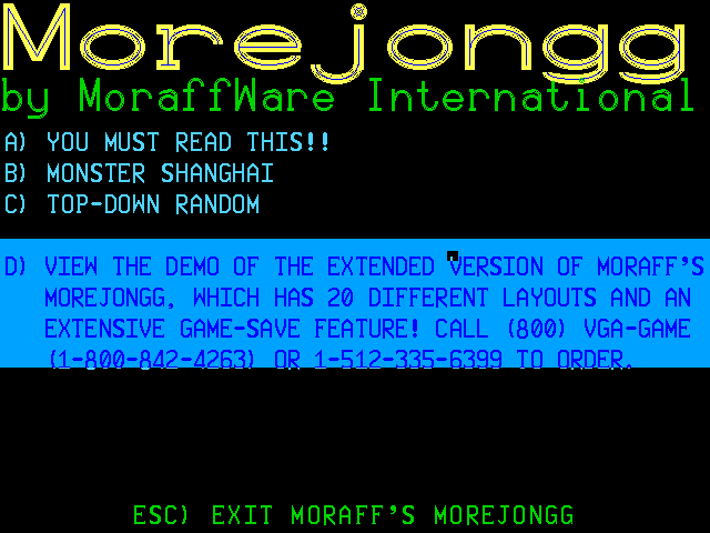 Moraff's Morejongg (DOS) screenshot: This is the main menu. Option D showcases more tile sets and layouts in a rolling demo