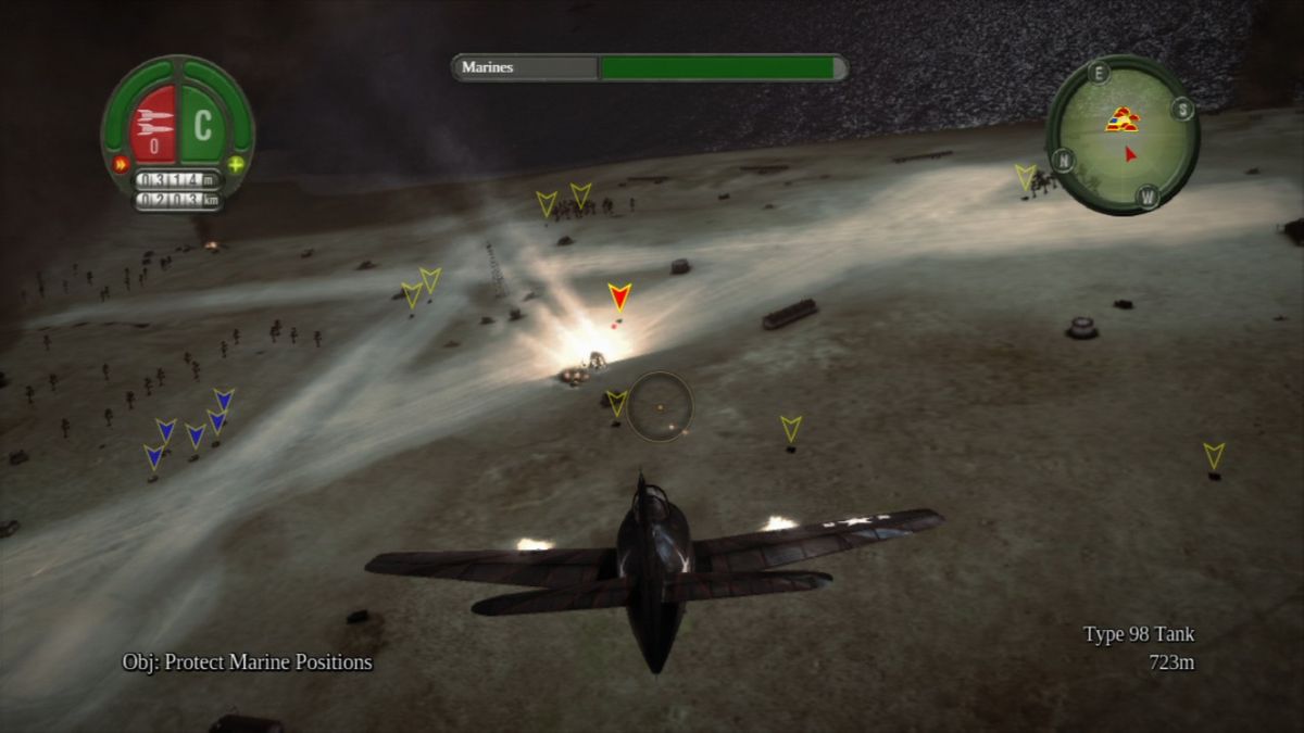 Damage Inc.: Pacific Squadron WWII (PlayStation 3) screenshot: Protecting marines from enemy tanks.