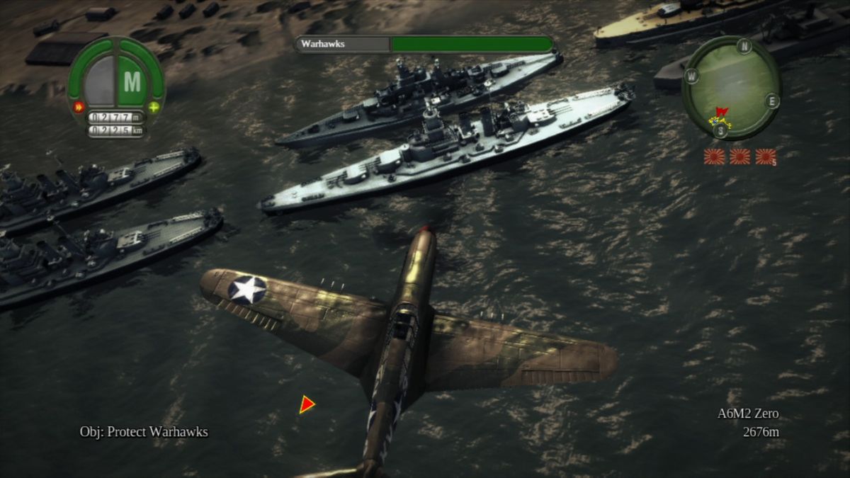 Damage Inc.: Pacific Squadron WWII (PlayStation 3) screenshot: Flying over the allied ships caught unprepared to retaliate.