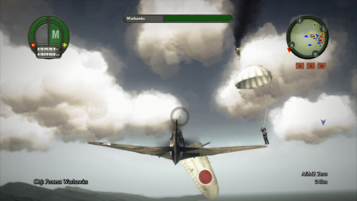Damage Inc.: Pacific Squadron WWII (PlayStation 3) screenshot: Every time you destroy the enemy plane, the pilot somehow survives.