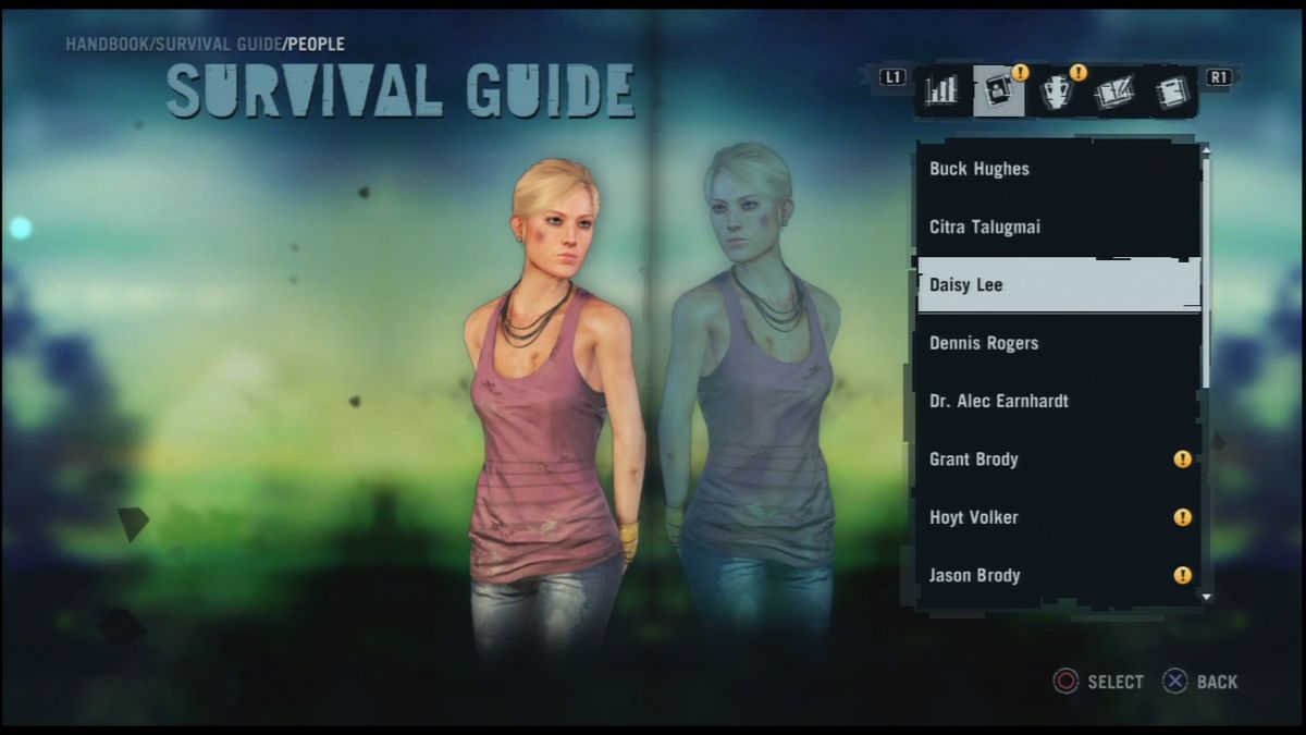 Far Cry 3 (PlayStation 3) screenshot: Survival guide contains info on characters, places, transports, weapons, and more.