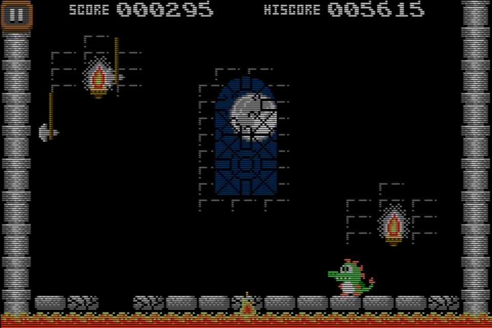 Dragon Panic (iPhone) screenshot: Falling objects will break the ground, opening up a lava pit