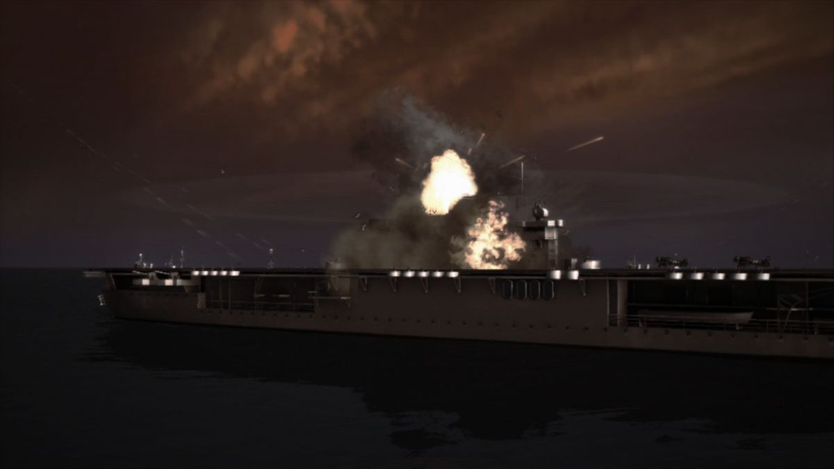 Damage Inc.: Pacific Squadron WWII (PlayStation 3) screenshot: Kamikaze pilot crashing his plane into an allied carrier dealing great deal of damage.