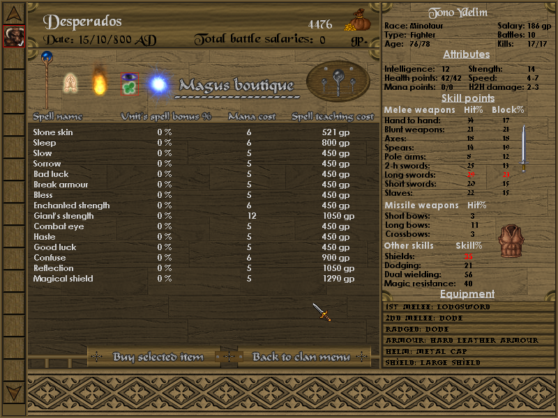 Battles of Norghan (Windows) screenshot: Some races can learn spells and their heroes come equipped with some basic knowledge. Like all skills, each spell must be trained to be fully effective. (demo version)