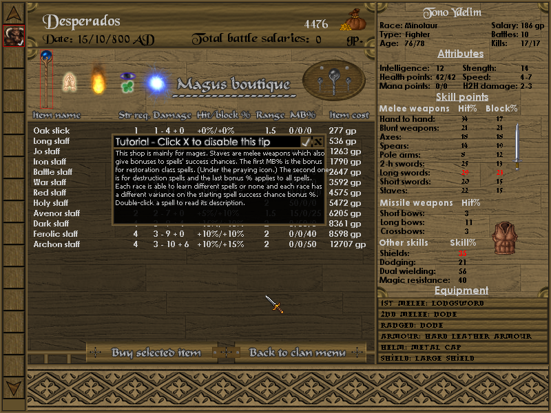 Battles of Norghan (Windows) screenshot: A tutorial comes in a form of helpful tips in each new screen. (demo version)