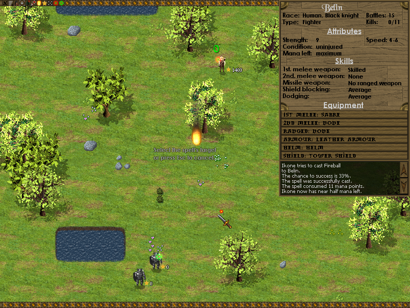 Battles of Norghan (Windows) screenshot: A lone elf is casting fireball at two enemy fighters. Low spell mastery means that the spell is likely to miss. (demo version)