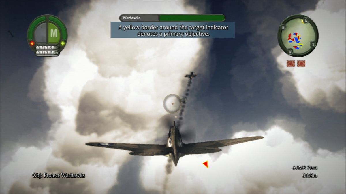 Damage Inc.: Pacific Squadron WWII (PlayStation 3) screenshot: Strafing at the enemy fighter.