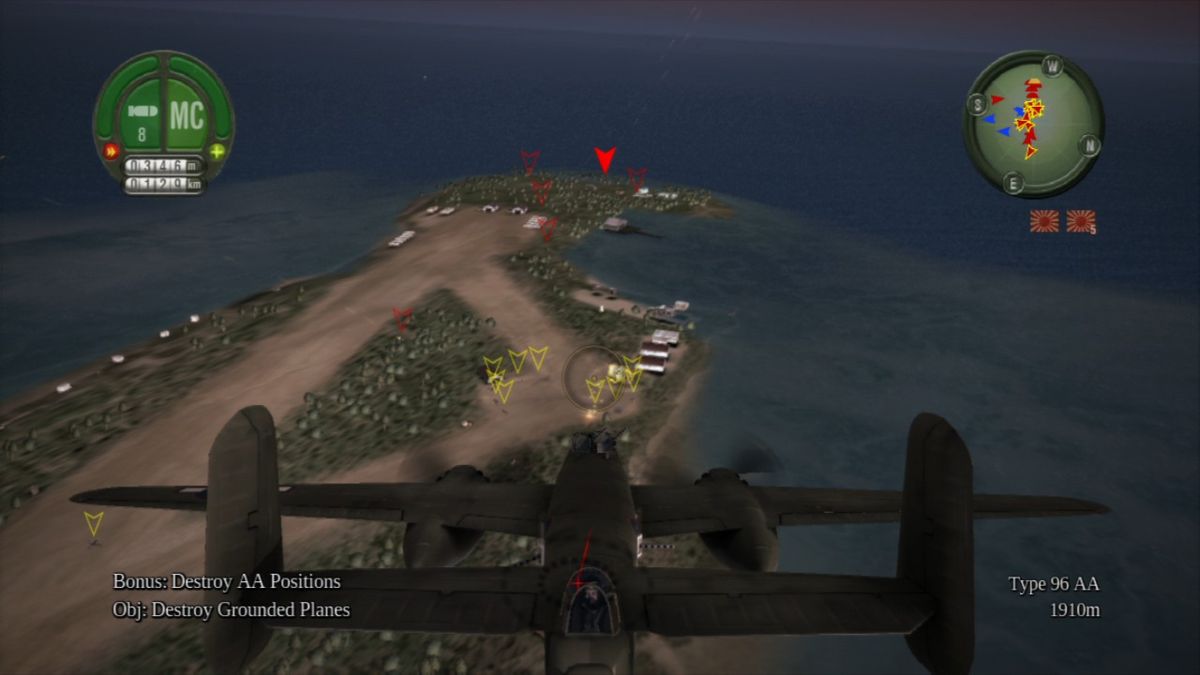 Damage Inc.: Pacific Squadron WWII (PlayStation 3) screenshot: Strafing down at enemy planes before they take off.