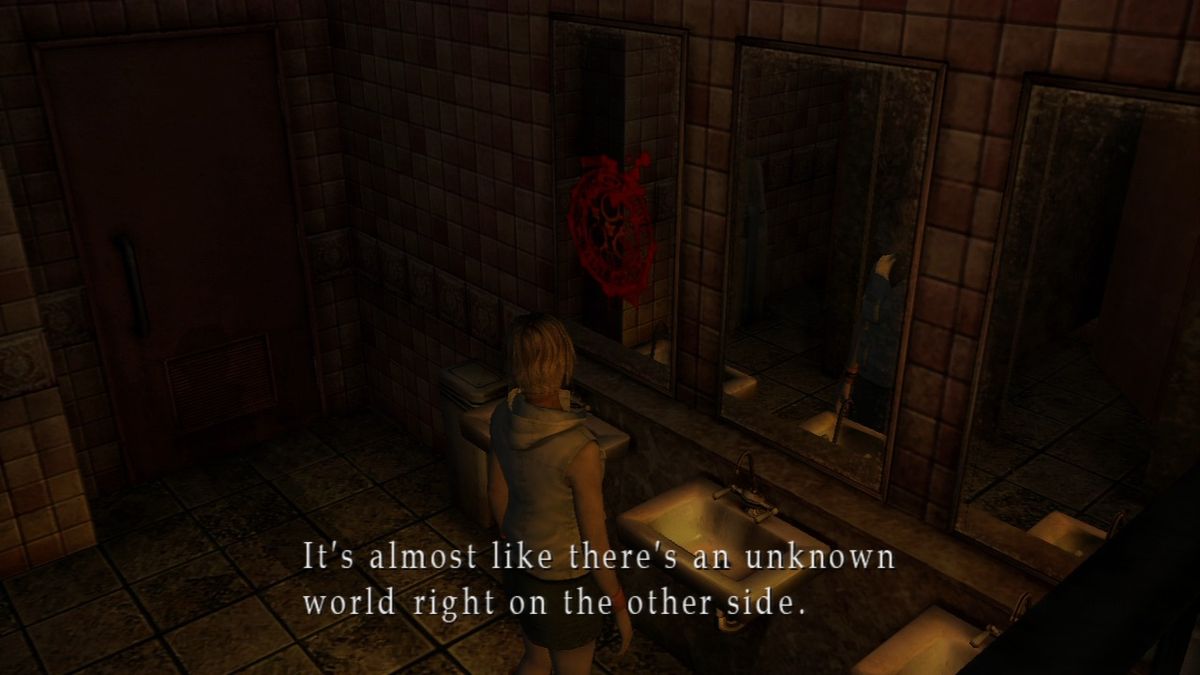 Silent Hill: HD Collection (PlayStation 3) screenshot: Silent Hill 3 - Red symbol on the bathroom mirror lets you save your game progress.