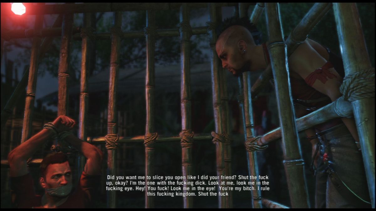 Far Cry 3 (PlayStation 3) screenshot: Encaged by a crazy island dude.