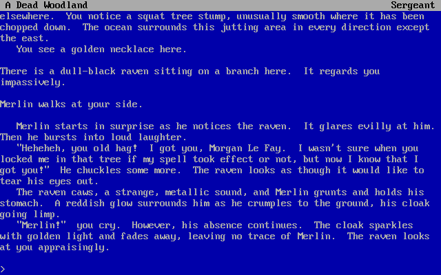 Once and Future (DOS) screenshot: Morgan Le Fey appears, in the form of a Raven. Merlin disappears.