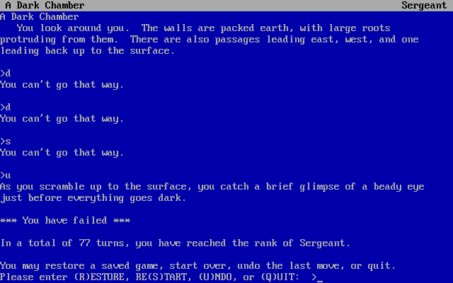 Once and Future (DOS) screenshot: Things don't end well as you climb from dark caverns. Game over!