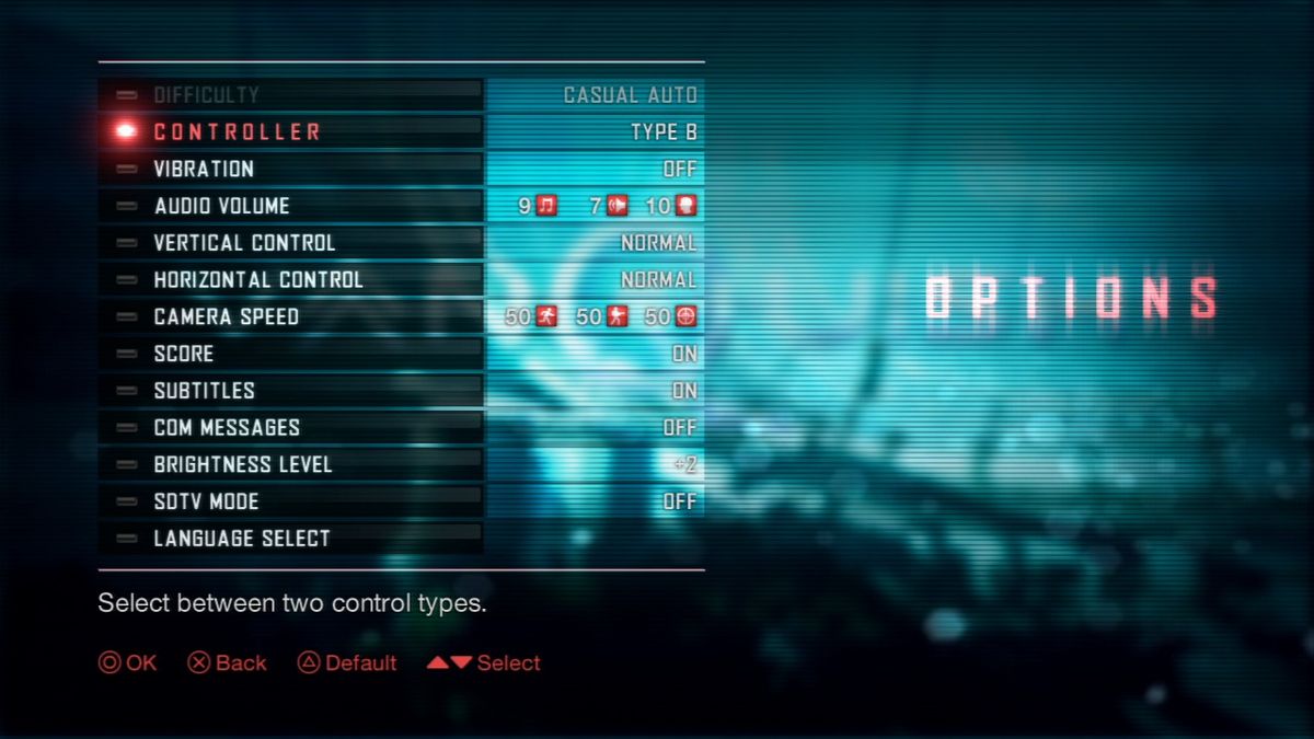 Vanquish (PlayStation 3) screenshot: Game options.