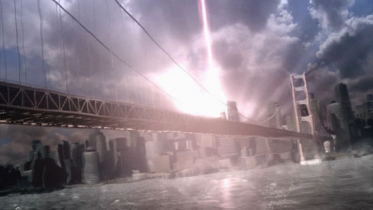 Vanquish (PlayStation 3) screenshot: The game starts with an attack on San Francisco.