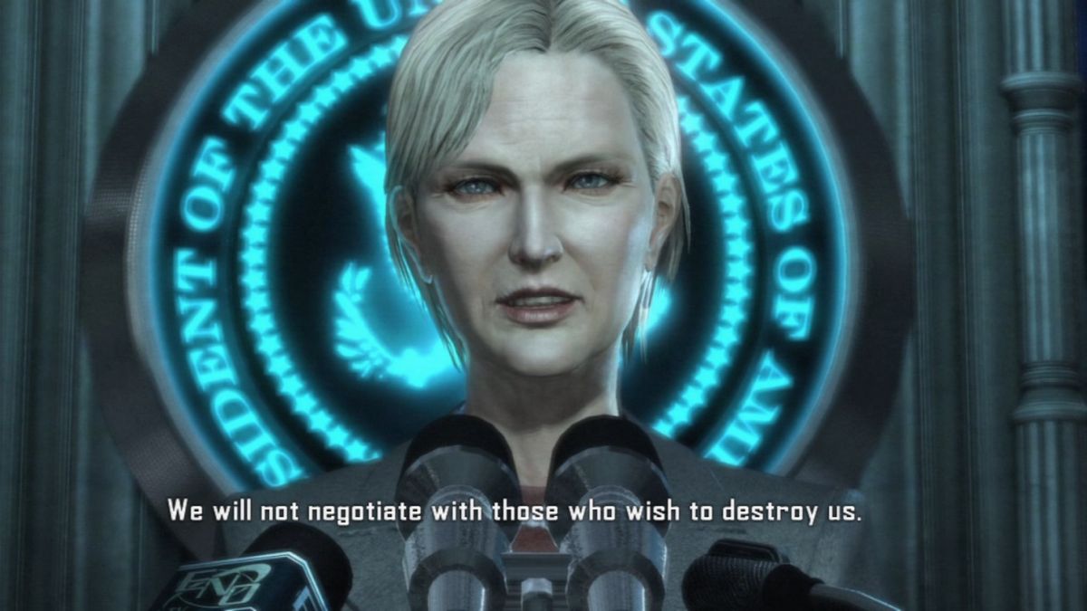 Vanquish (PlayStation 3) screenshot: The US president may not be as innocent as it may at first appear.