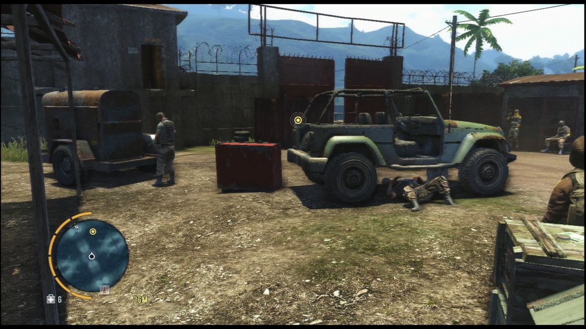 Far Cry 3 (PlayStation 3) screenshot: Inside enemy base, posing as one of their own.