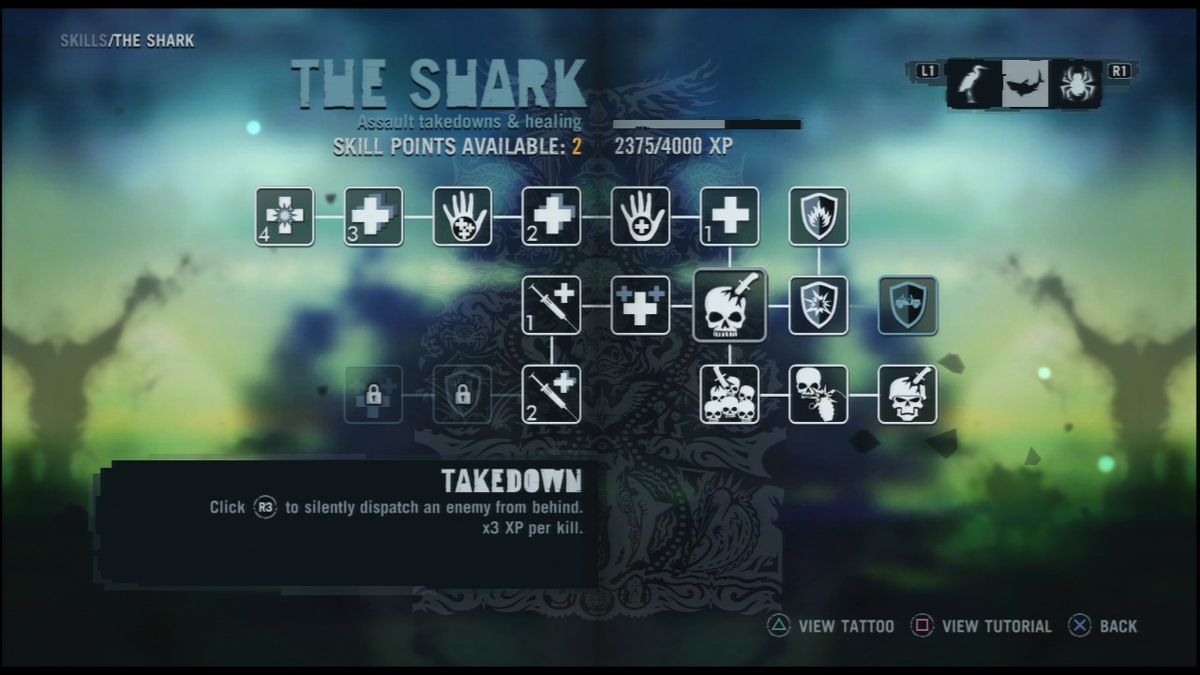 Far Cry 3 (PlayStation 3) screenshot: There are three different skill sets you can unlock skills from.