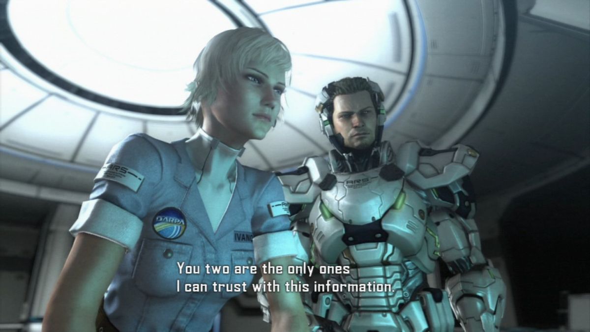 Vanquish (PlayStation 3) screenshot: Sam Gideon and Elena Ivanova are on a secret mission of their own.