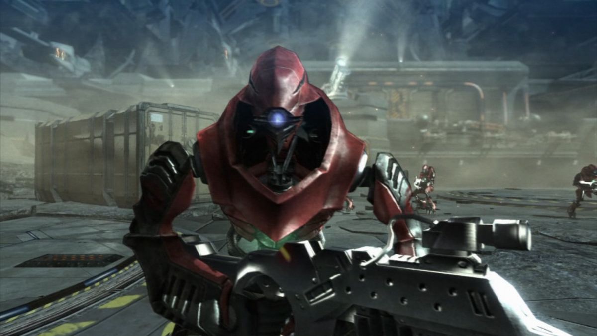 Vanquish (PlayStation 3) screenshot: Enemy droid army is prepared for you.