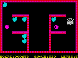 Bomber Bob In Pentagon Capers (ZX Spectrum) screenshot: Trying to avoid purple flying sphere