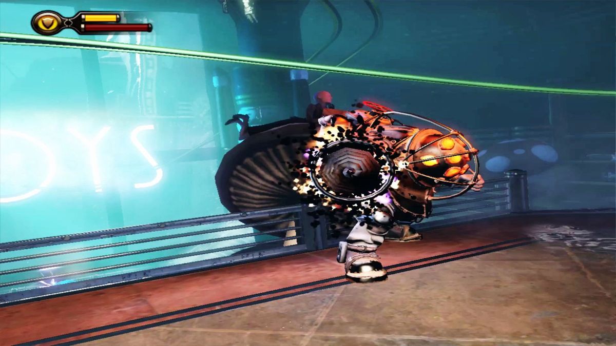BioShock Infinite: Burial at Sea - Episode One (Macintosh) screenshot: Dodging the drill coming from a Big Daddy!