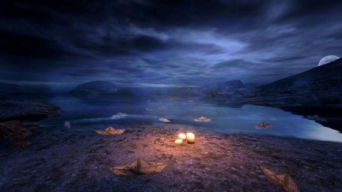 Dear Esther (Macintosh) screenshot: A sea of paper boats