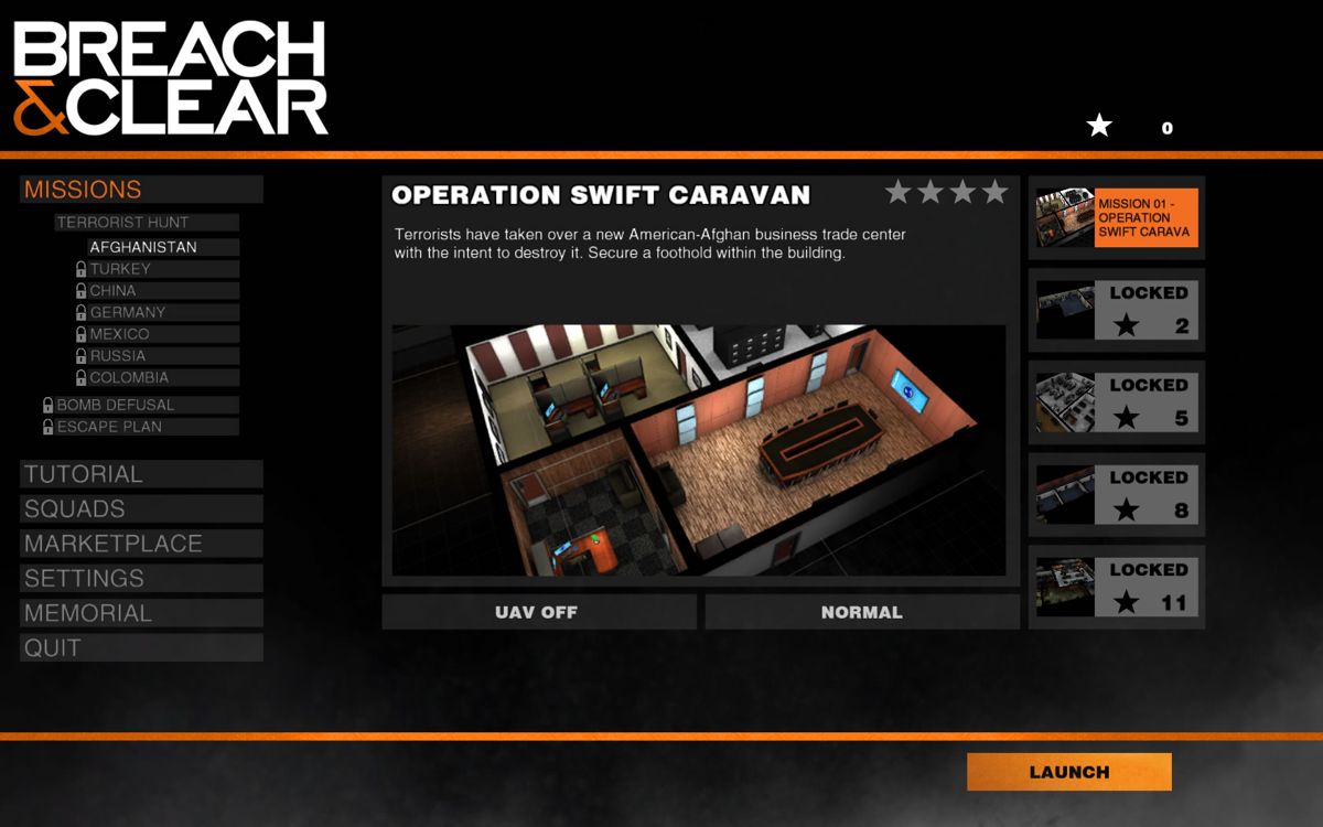 Breach & Clear (Windows) screenshot: Main mission selection screen