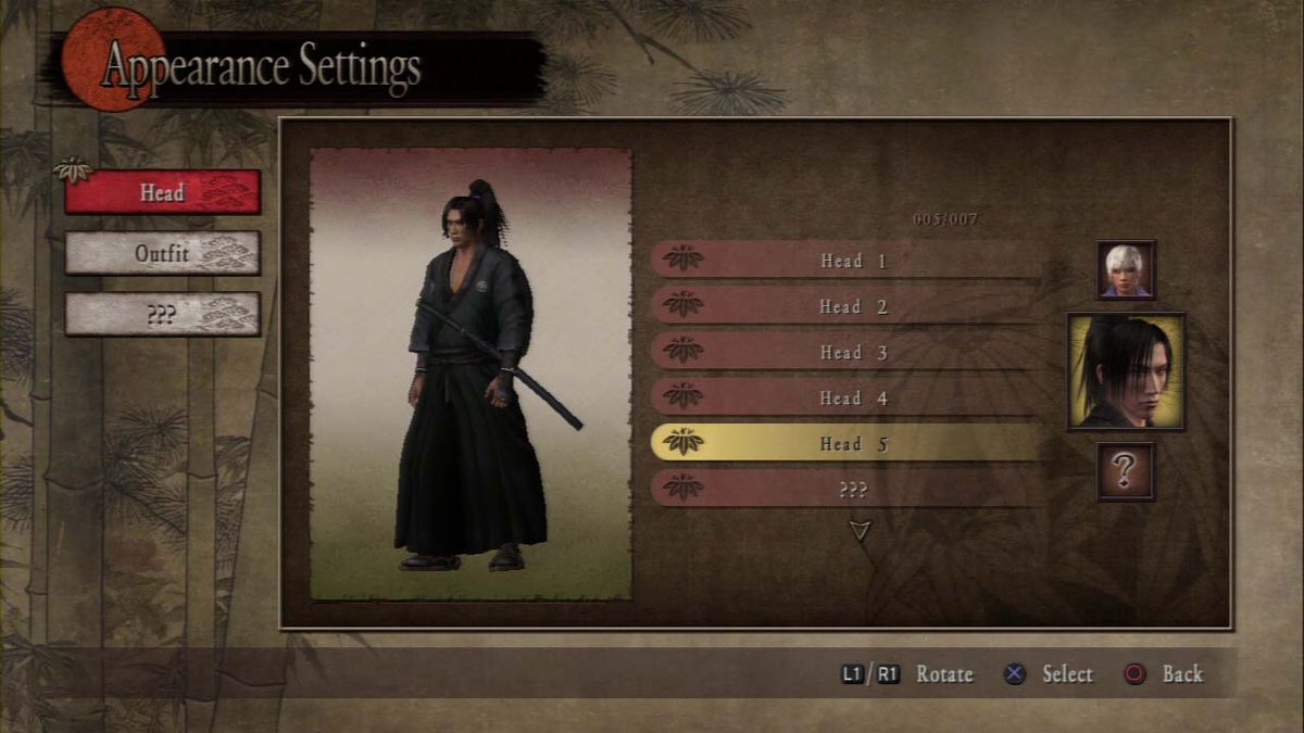 Way of the Samurai 3 (PlayStation 3) screenshot: Starting again, trying the outfit and face of the first games character.