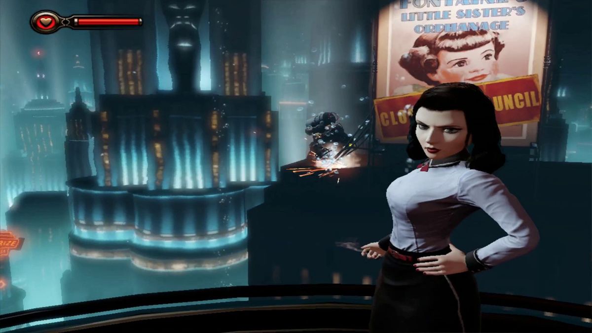 BioShock Infinite: Burial at Sea - Episode One (Macintosh) screenshot: Elizabeth working that hand on the hip talking (Big Daddy in background)