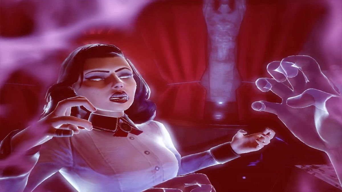BioShock Infinite: Burial at Sea - Episode One (Macintosh) screenshot: Cohen's not pleased and gives Elizabeth & Booker a little Shock Jockey/Electric Bolt something
