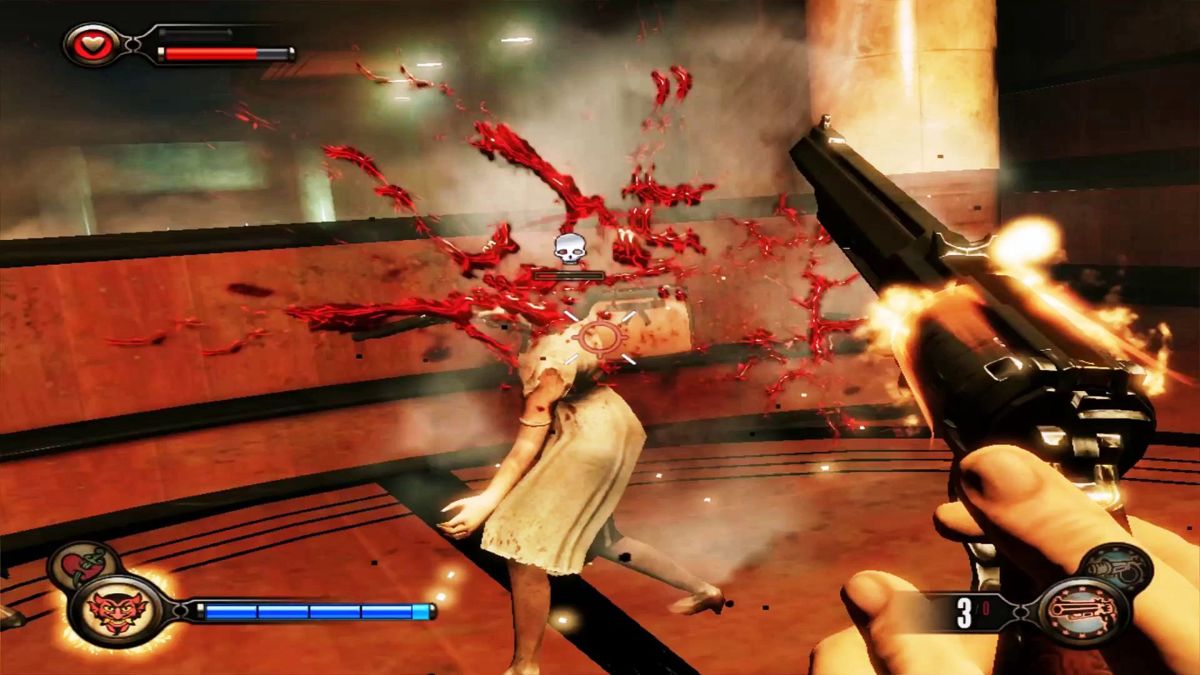 BioShock Infinite: Burial at Sea - Episode One (Macintosh) screenshot: Hand cannon at close range is effective