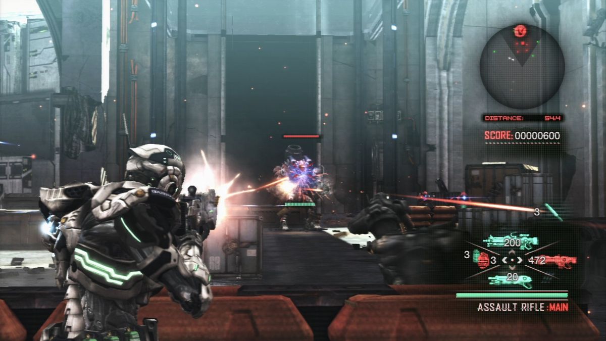 Vanquish (PlayStation 3) screenshot: Bigger enemies don't go down with a single clip.