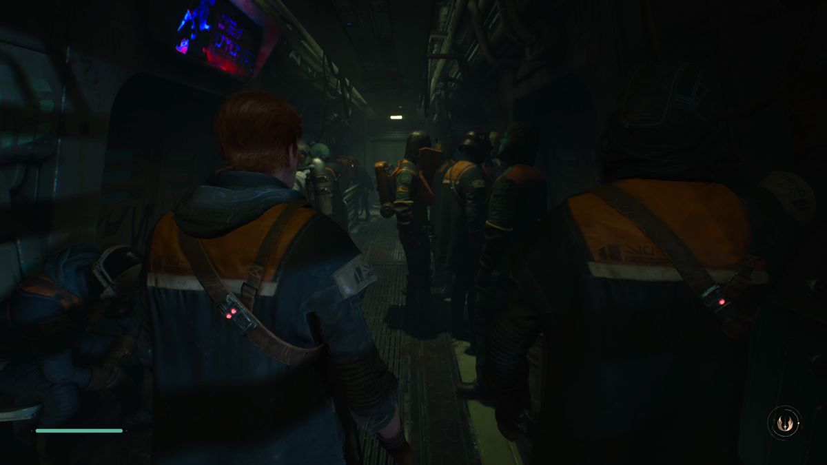 Star Wars: Jedi - Fallen Order (PlayStation 4) screenshot: Shipyard workers taking a train home