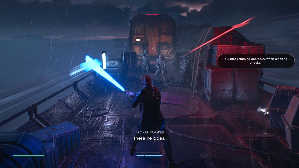 Star Wars: Jedi - Fallen Order (PlayStation 4) screenshot: Fighting Stormtroopers on a speeding train
