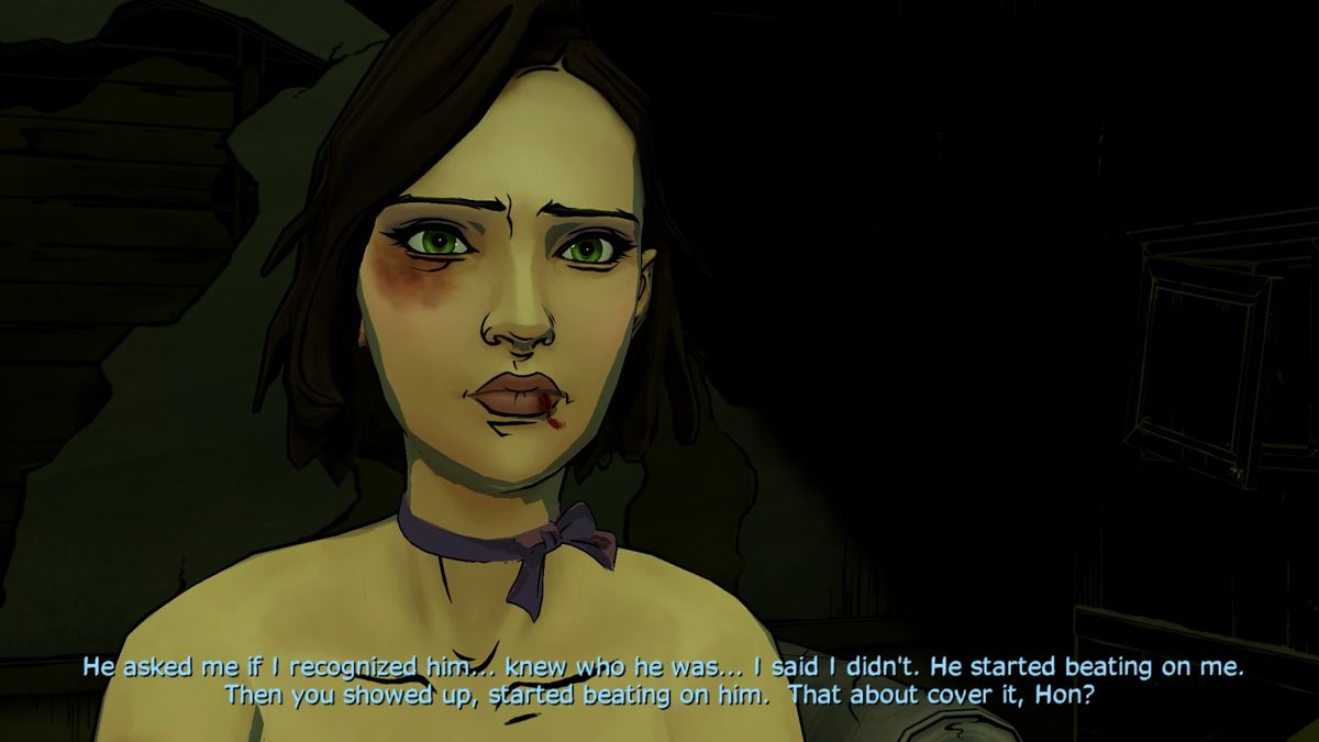 The Wolf Among Us (PlayStation 4) screenshot: Episode 1: Talking to a girl you don't know.
